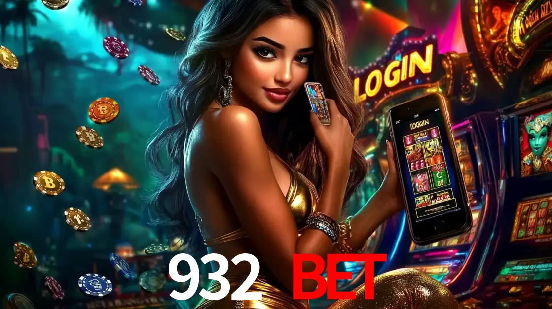 Mulher em um cenário de cassino temático de aventura, mostrando o app de caça-níqueis da 932 BET no celular. Fichas de apostas flutuam ao redor.