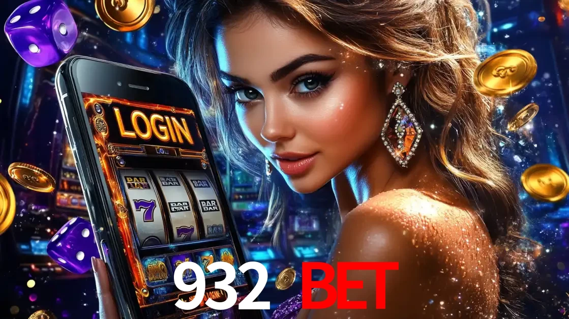 Mulher glamorosa segurando um smartphone com a tela de login para os jogos de caça-níqueis do cassino online 932 BET, com moedas de ouro e dados ao redor.