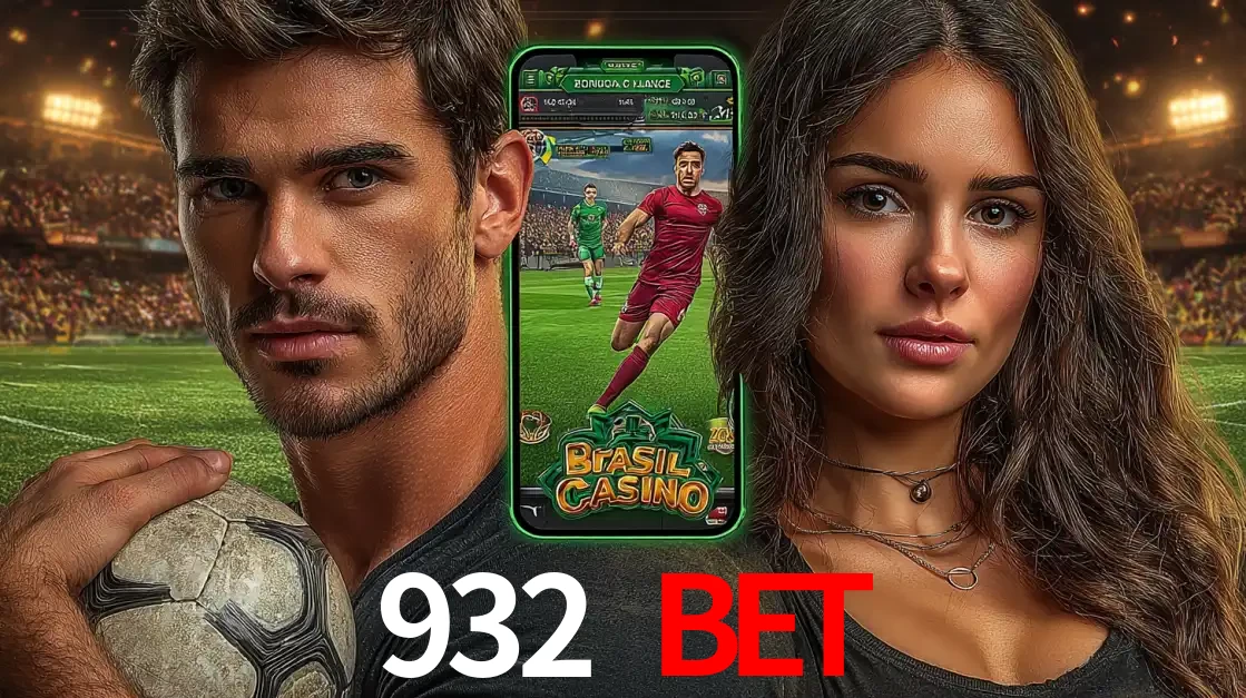 Homem segurando uma bola de futebol e uma mulher ao lado de um smartphone exibindo o jogo de apostas esportivas da 932 BET. Faça seu palpite no cassino online.